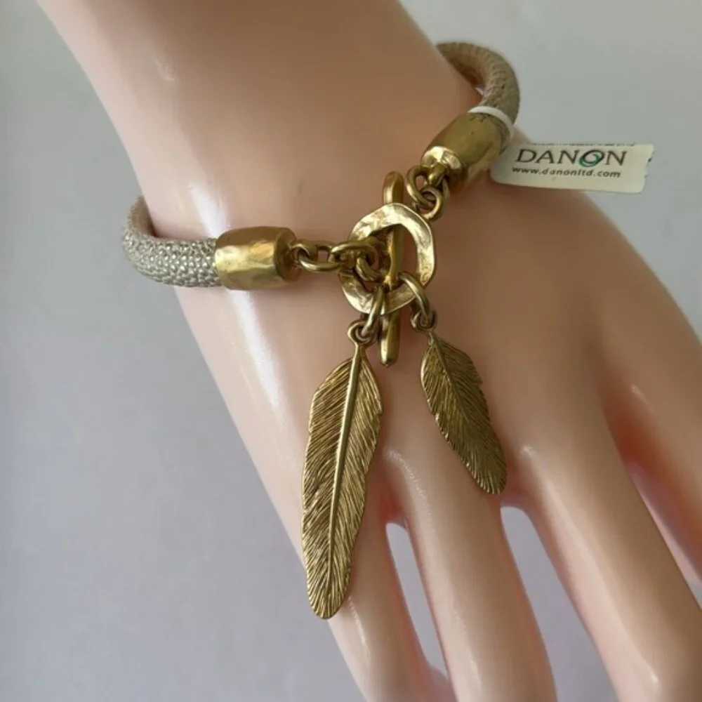 Danon Leather Gold Bracelet with Metal Leaves Gold Color 7